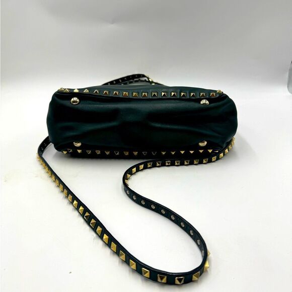 Auth Valentino Garavani Forest Green Leather Rockstud 2way Trapeze Shopper Tote - Picture 6 of 16